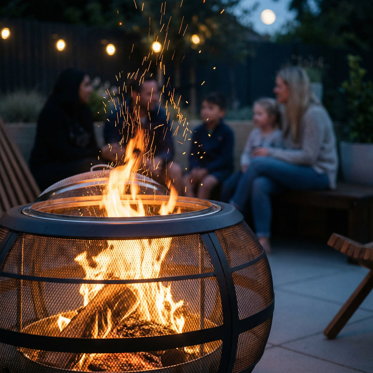People sitting in front of Sphere Firepit