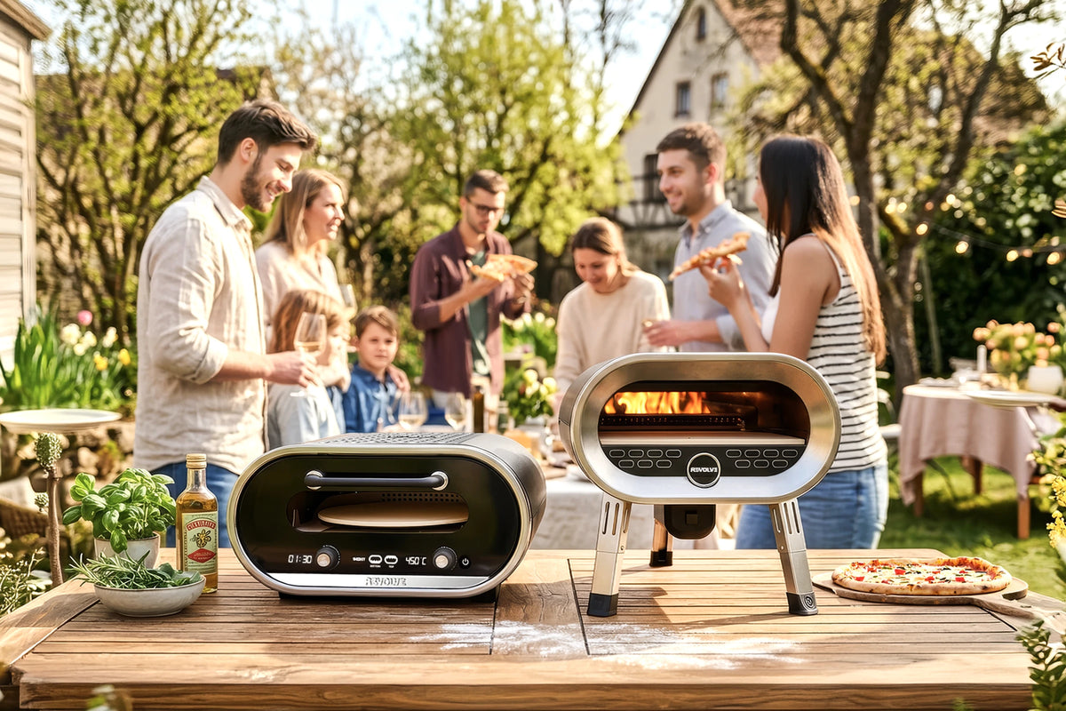 Revolve and Evolve Pizza Ovens with People in the background