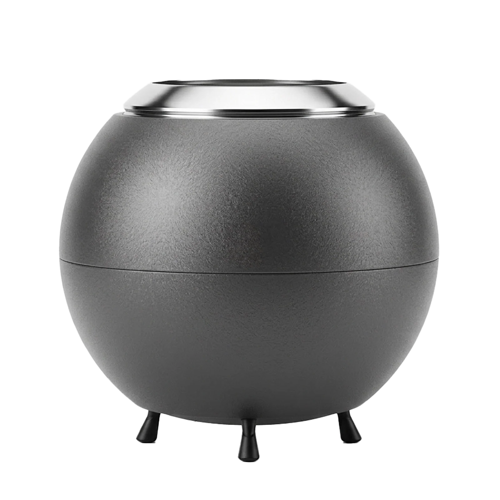 Spherical gray firepit with a metallic rim on a white background