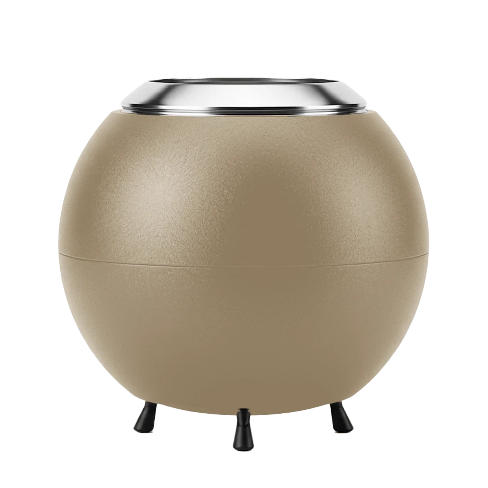 Beige spherical firepit with a metallic rim on a white background
