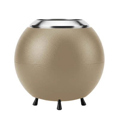 Beige spherical firepit with a metallic rim on a white background